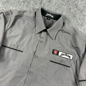 Jim Beam Button Up Shirt Mens Large Gray Embroidered Whiskey Workwear Logo LG